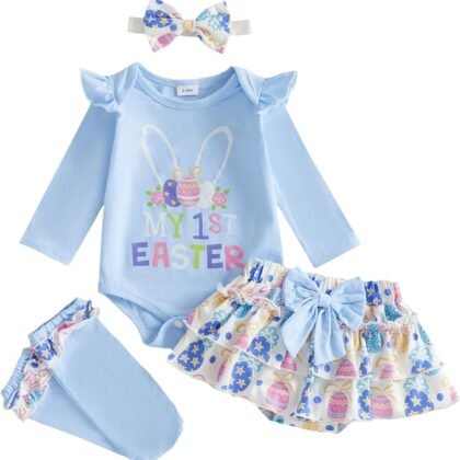 Kavousa My First 4th Of July Baby Girl Outfit My 1st 4th Print Romper + Flag Skirts+Leg Warmers+Headband 4Pcs Summer Clothes