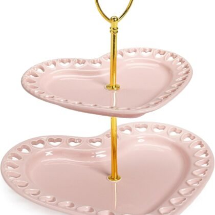 Paris Hilton 2-Tier Heart Serving Tray, Iconic Ceramic Stoneware with Metal Handle, Easy Assembly for Stylish Display, 9-Inch and 7-Inch Plates, Pink