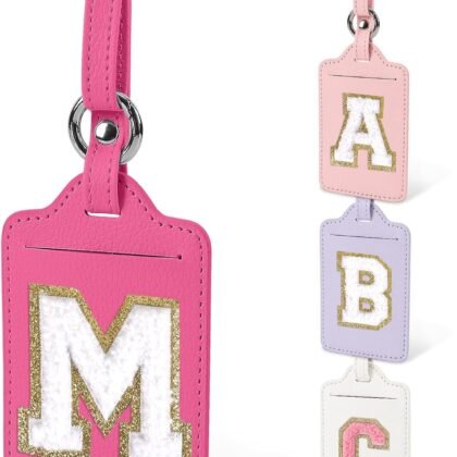 Personalized Initial Luggage Tags for Suitcases, Cute PU Leather Travel Letter Luggage Tags,Suitcase Identifier Name Baggage Tag,Bag Tags for Men Women Kids Luggage Handbags(Rosered-White M)