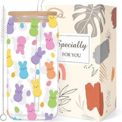 Easter Drinking Glasses Cup Gifts 16oz Easter Bunny Ice Coffee Glass Cup with Lid Straw, Spring Easter's Day Gifts Basket Stuffer Tumbler Can Jar Mug for Women Girls Teens Adult Kids