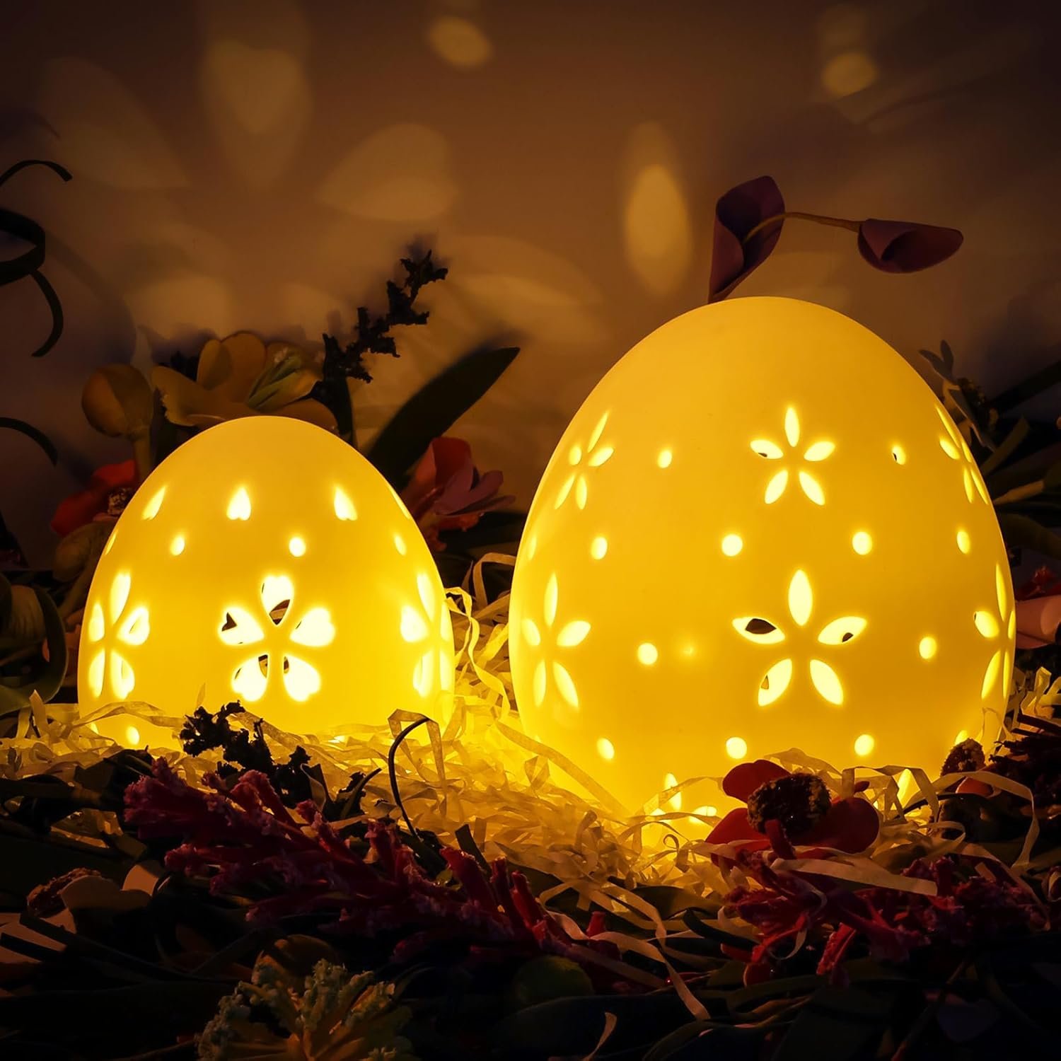 Easter Decorations: White Ceramic Lighted Easter Egg Set of 2, Farmhouse Rustic Hollow Easter Eggs Light Up Tabletop Statue, Easter Home Table Decor, Hunting Party Supplies Gifts for Kids - Image 3