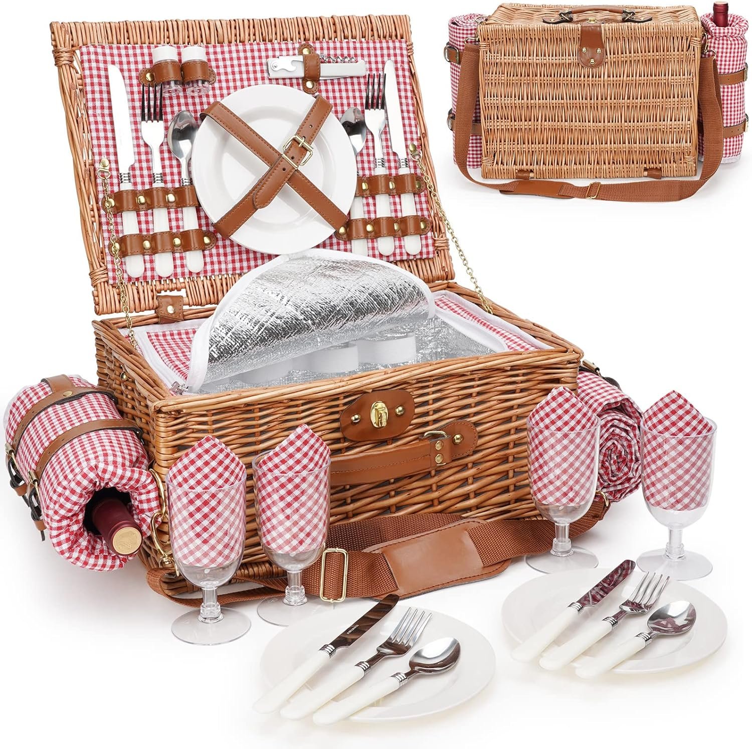 Picnic Basket for 4, Insulated Willow Picnic Baskets with Shoulder Strap, Picnic Hamper with Waterproof Picnic Blanket, Handmade Wicker Hamper for Outdoor, Great Gifts for Thanksgiving, Christmas
