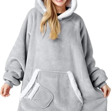 Giggling Getup Wearable Blanket Hoodie for Women and Men Gifts for Women Mom Wife Sherpa Fleece Hooded Blanket Sweatshirt Warm Cozy Sherpa Wearable Throw with Pocket & Sleeves for Adult Standard Gray