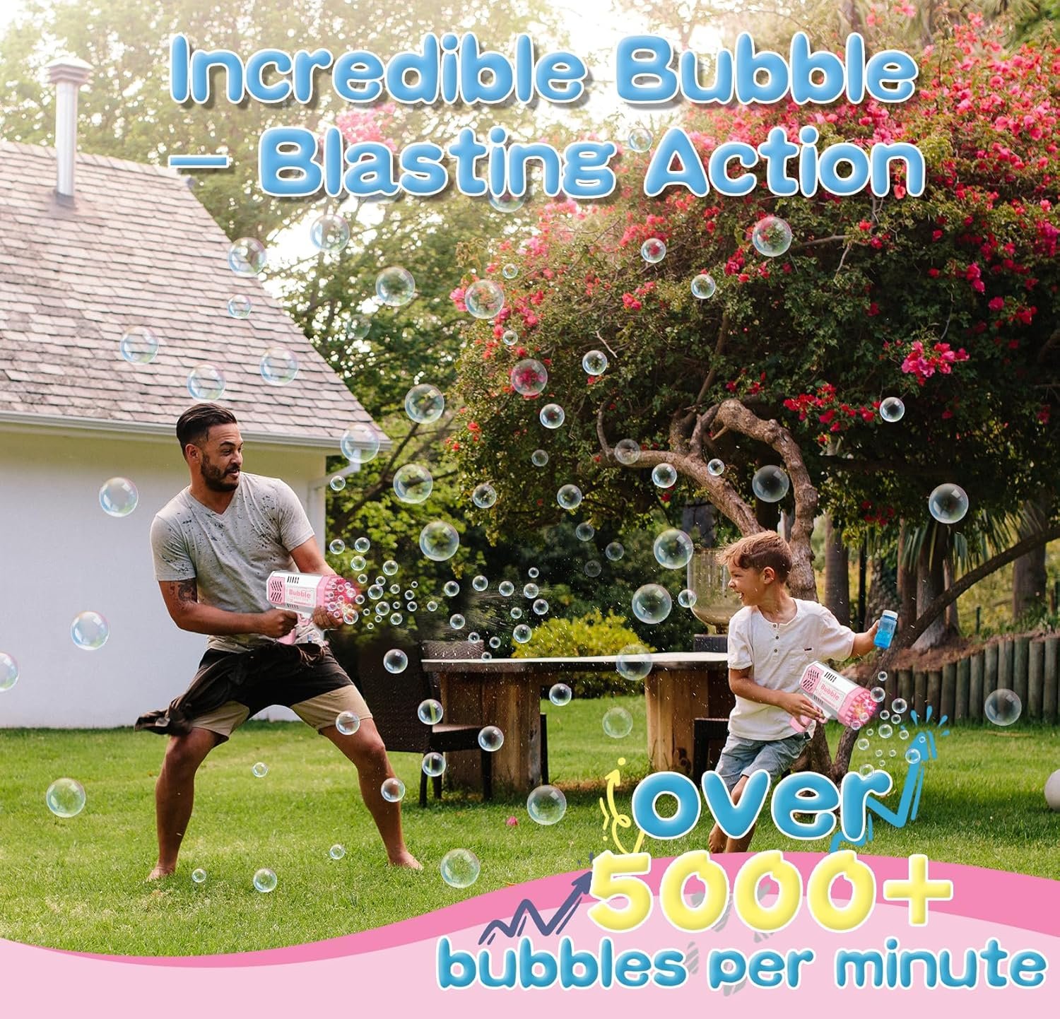 2 Bubble Gun with 2 Bottles Refill Solution for Kids, 40-Hole Light Up Bubble Machine for Toddlers 1-3, Pink Bubble Blaster Maker, Party Favors Toys for Boys Girls 4-8 Birthday Gifts - Image 5