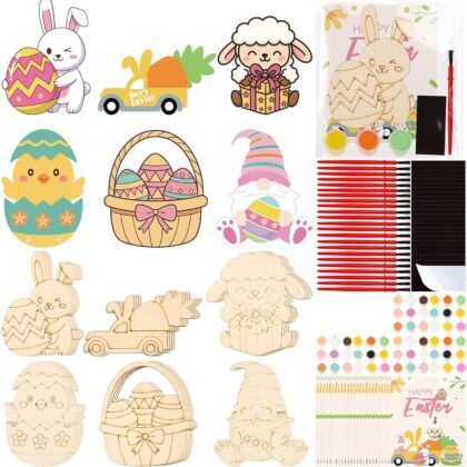 Easter Wooden Crafts Painting Kit - 24 Pack DIY Unfinished Wood Eggs & Bunny to Paint with Magnets, Bulk Easter Craft Set for Family Activities, Classroom Projects & Basket Stuffers