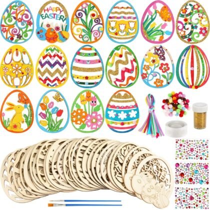 JULMELON 32PCS Wooden Easter Crafts to Paint, 16 Styles DIY Blank Unfinished Wooden Easter Eggs Cutout for Craft Home Tree Hanging Decorations Spring DIY