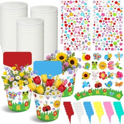 Motipuns 30 Sets Flower Pots Crafts Kit, Garden Kids DIY Plant Flower Pots with Colored Tote Cards Spring Theme Stickers, Gardening Art Supplies for Classroom Activities Mother's Day Party Favors