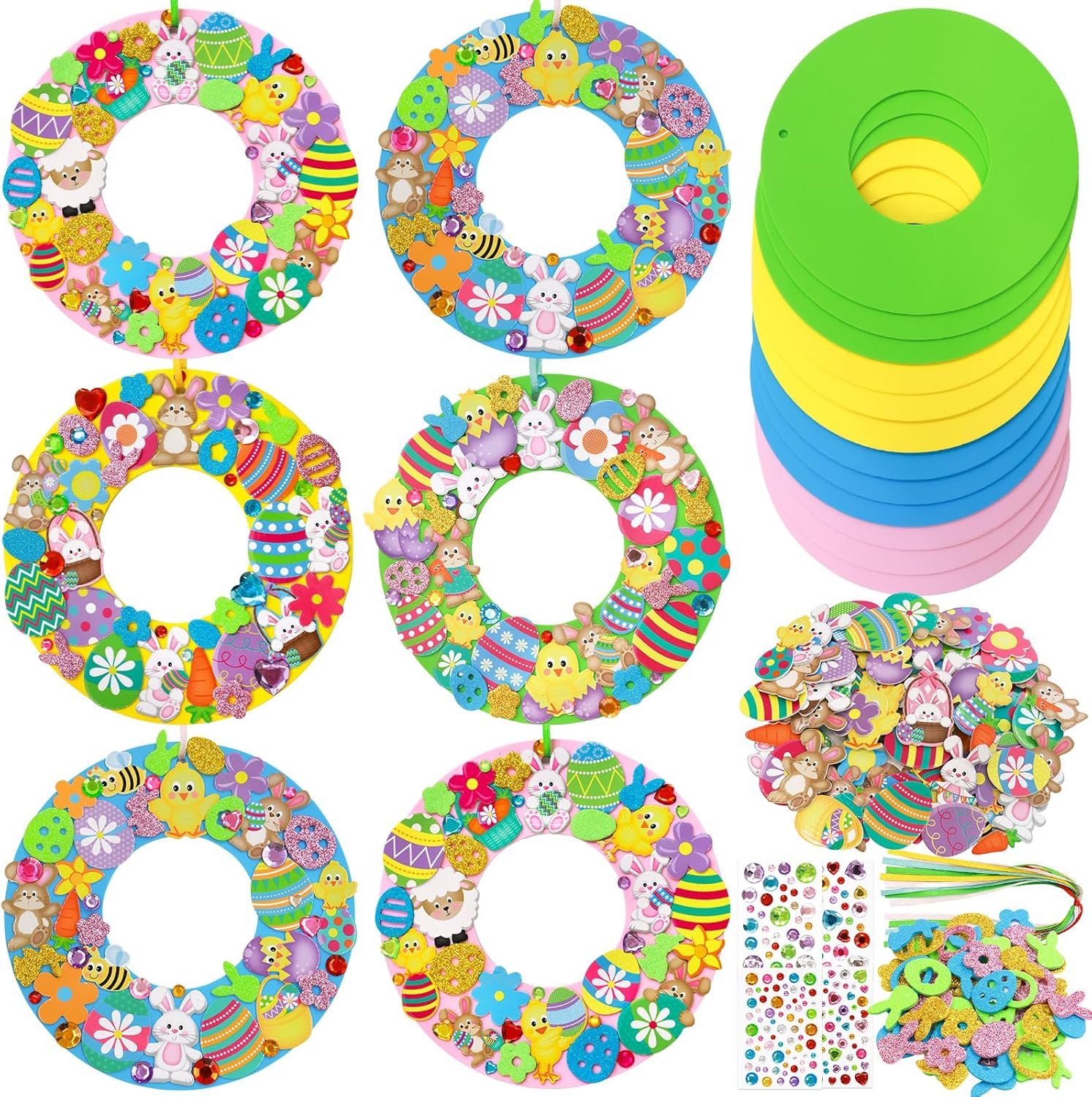 Treasure Cove Easter Crafts for Kids Easter Wreath Craft Kits DIY Foam Wreath Decorations Hanging Ornaments with Foam Stickers for Spring Classroom Home Activity Party Decor 12 Sets - Image 2