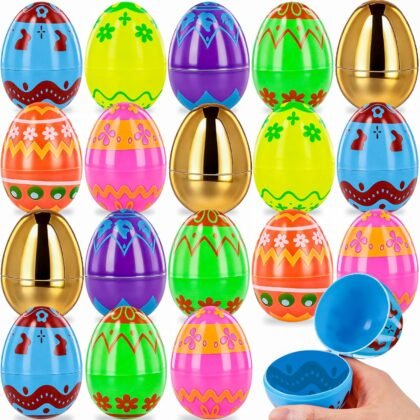MGparty 50 Pcs Plastic Easter Eggs Empty 2.3 Inch Fillable Easter Eggs Bulk with 2 Golden Eggs, Printed Plastic Eggs for Easter Egg Hunt, Basket Stuffers, Party Favors, Classroom Prizes Decorations