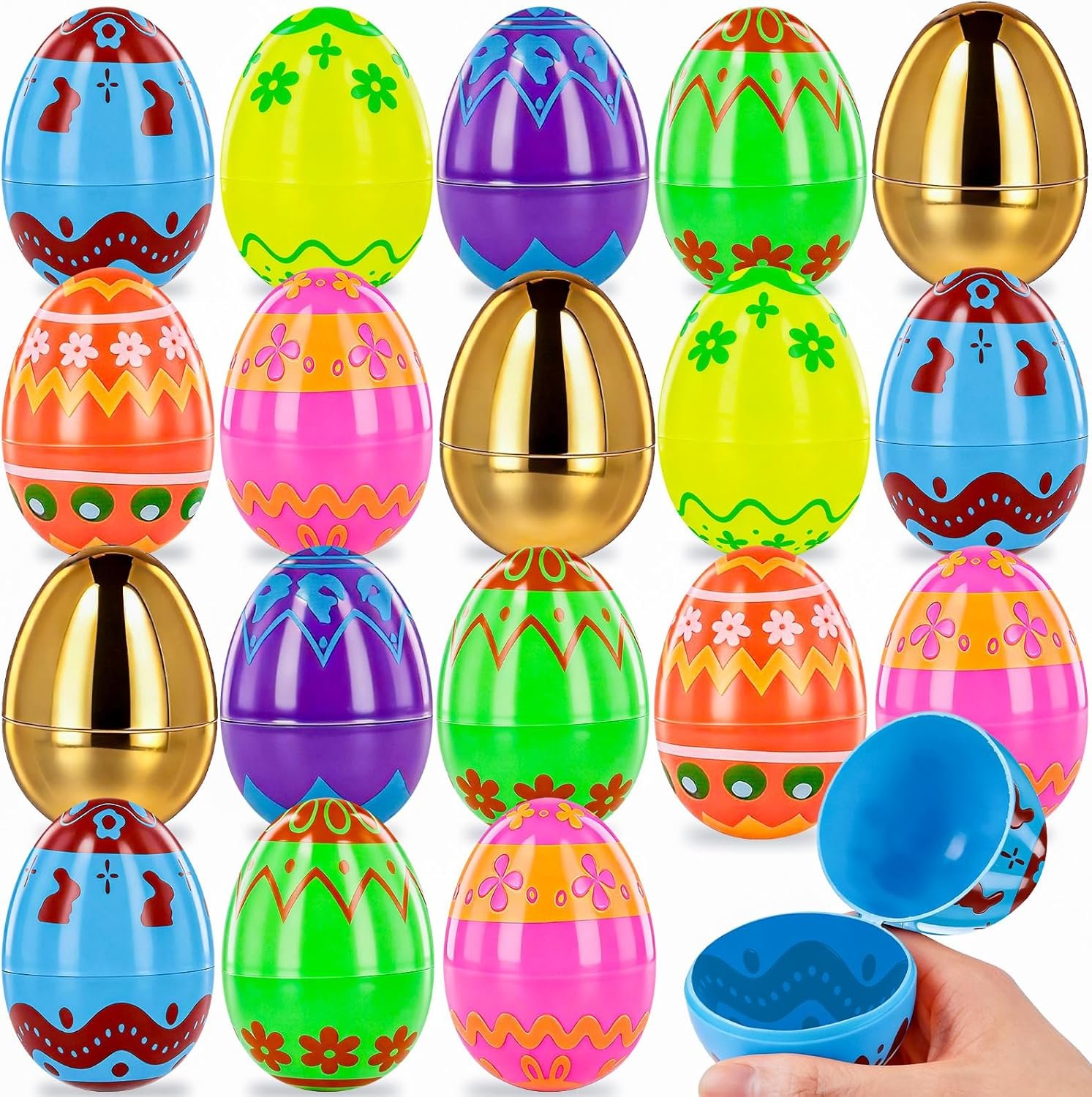 MGparty 50 Pcs Plastic Easter Eggs Empty 2.3 Inch Fillable Easter Eggs Bulk with 2 Golden Eggs, Printed Plastic Eggs for Easter Egg Hunt, Basket Stuffers, Party Favors, Classroom Prizes Decorations