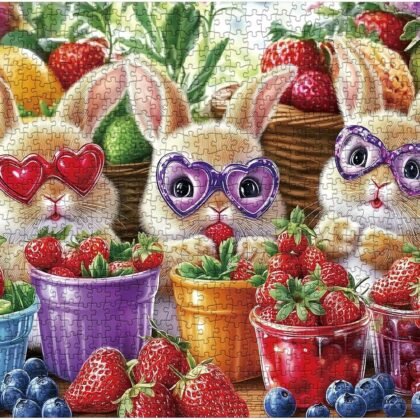 Funny Bunny Puzzles for Adults 1000 Pieces, Cute Rabbit Strawberry Love Jigsaw Puzzles, Magic Animal Fruit Art Impossible Hard Difficult Challenging Puzzle