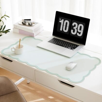 Scalloped Desk Mat, 31.5" x 15.7" Large Cute Sage Green Aesthetic Desk Accessories, PU Leather Computer Laptop Desk Mat Mouse Keyboard Pad, Desk Writing Makeup Mat for Vanity/Work/Home Decor