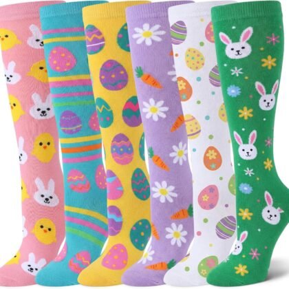 Eurzom 6 Pairs Funny Easter Knee High Socks for Teen Girls Cute Rabbit Eggs Flowers Patterns Novelty Casual Socks Spring Festive Easter Gifts for Womens Teen Girls