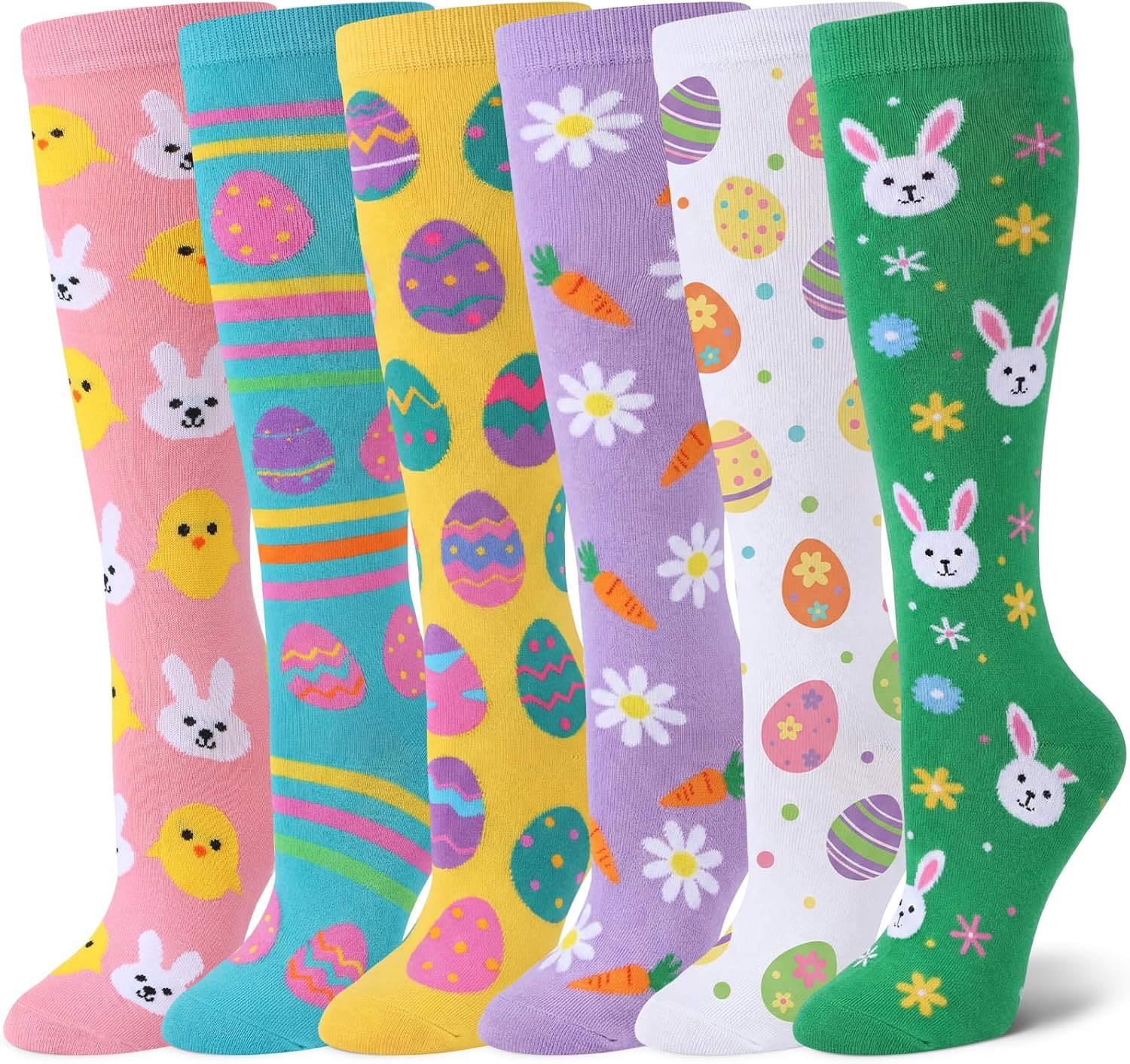 Eurzom 6 Pairs Funny Easter Knee High Socks for Teen Girls Cute Rabbit Eggs Flowers Patterns Novelty Casual Socks Spring Festive Easter Gifts for Womens Teen Girls