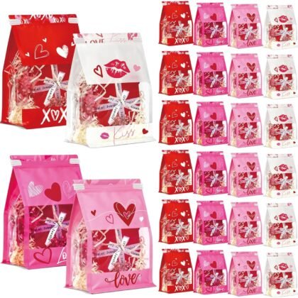 Pajean 56 Pack Heart Printed Gift Bags with Tin Tie Lock, Plastic Heart Candy Goodies Bags Red Pink Treat Favor Bag Cookies Packaging Bag for Mother's Day Her Valentine's Day Wedding Gift Giving
