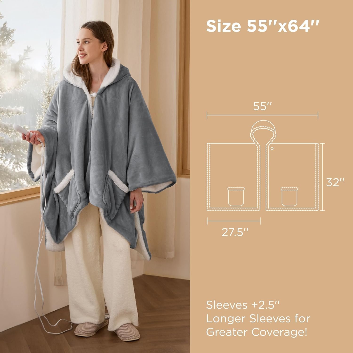 Bedsure Heated Blanket Wearable Shawl - Electric Wrap Poncho Blanket Hoodie for Adult, Birthday Gifts for Mom Women, Sherpa Heating Throw with 4 Time Settings & 6 Heat Settings, 55x64 inches, Grey - Image 9