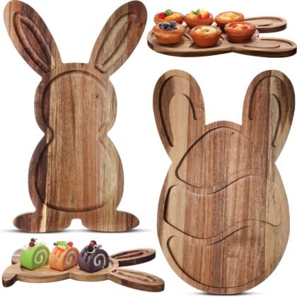 Pickmesh 2 Pack Easter Plates Bunny Wooden Serving Platter Rabbit Egg Acacia Wood Cutting Board with Groove Easter Serving Tray Dinner Dessert Fruit Bread Plates for Kitchen Restaurant Home Parties