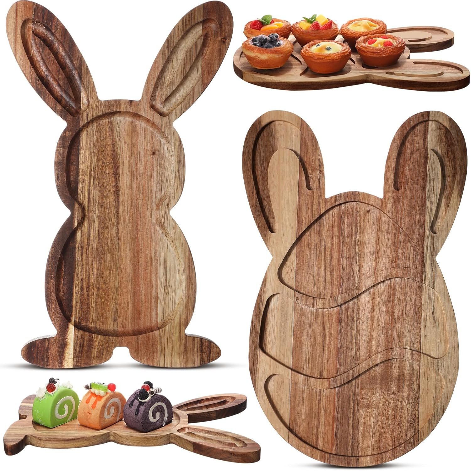 Pickmesh 2 Pack Easter Plates Bunny Wooden Serving Platter Rabbit Egg Acacia Wood Cutting Board with Groove Easter Serving Tray Dinner Dessert Fruit Bread Plates for Kitchen Restaurant Home Parties
