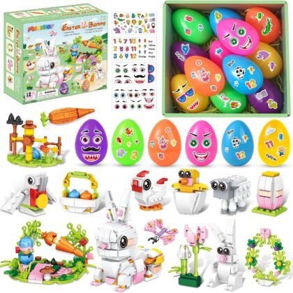 MOONTOY Easter Gifts Building Set for Kids, 12 Prefilled Easter Eggs with 12-in-2 Bunny Building Toys & 4 Stickers, DIY Easter Basket Stuffers for Boys Girls 6+, Includes Chick Sheep & Flower