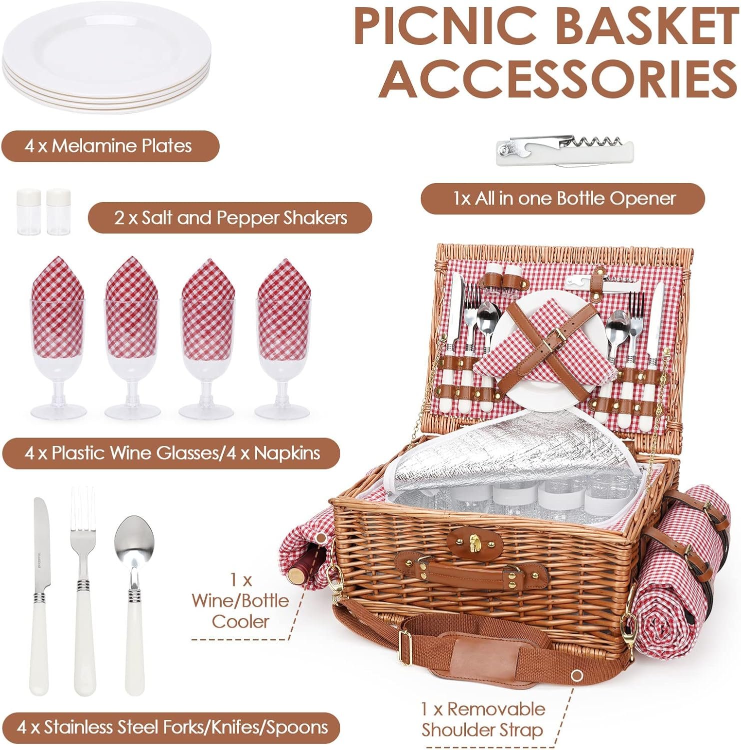 Picnic Basket for 4, Insulated Willow Picnic Baskets with Shoulder Strap, Picnic Hamper with Waterproof Picnic Blanket, Handmade Wicker Hamper for Outdoor, Great Gifts for Thanksgiving, Christmas - Image 3