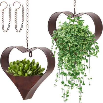 2 Pack Metal Plant Hangers Indoor and Outdoor Rustic Heart Shape Hanging Planters Holder Detachable Flower Pot with Hooks Chains Drain Hole for Women Garden Lover Home Decor