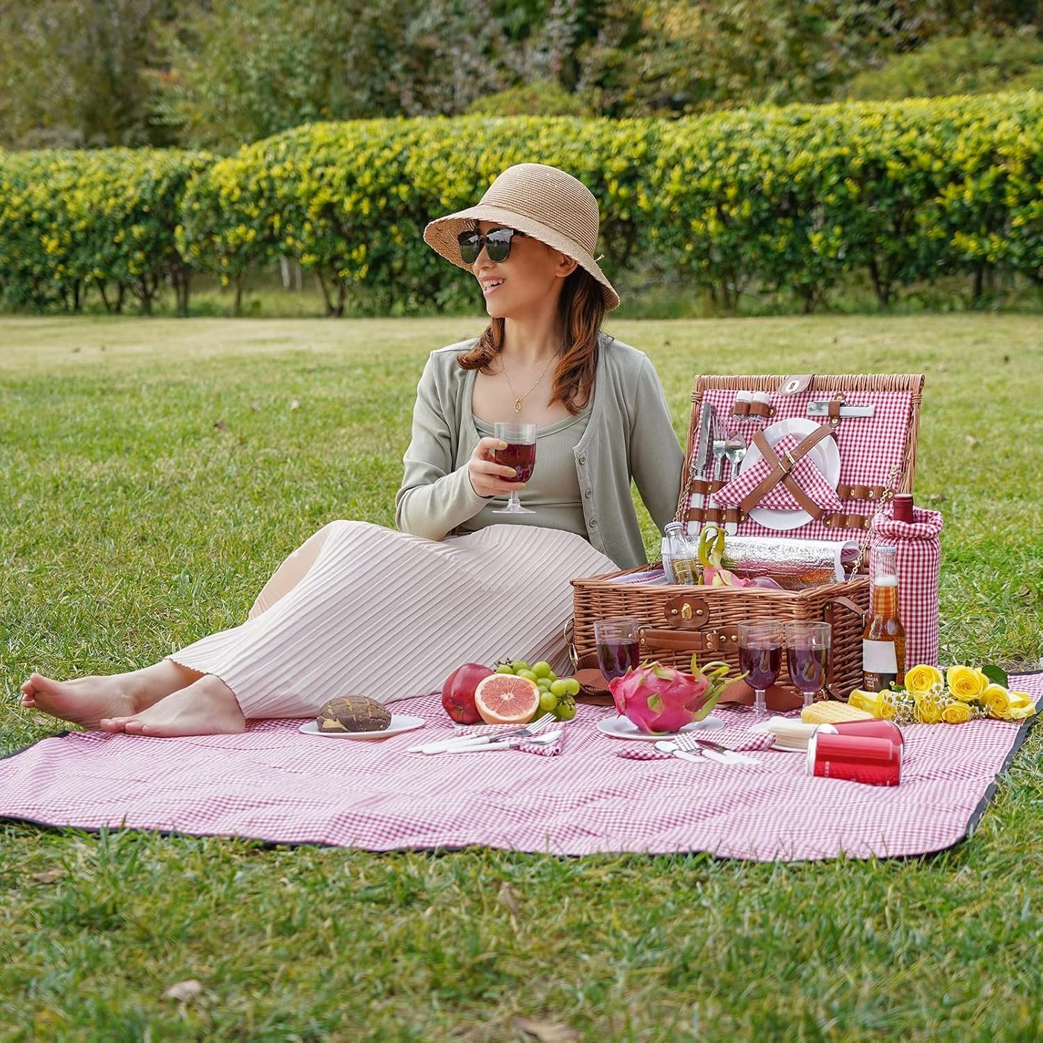 Picnic Basket for 4, Insulated Willow Picnic Baskets with Shoulder Strap, Picnic Hamper with Waterproof Picnic Blanket, Handmade Wicker Hamper for Outdoor, Great Gifts for Thanksgiving, Christmas - Image 6