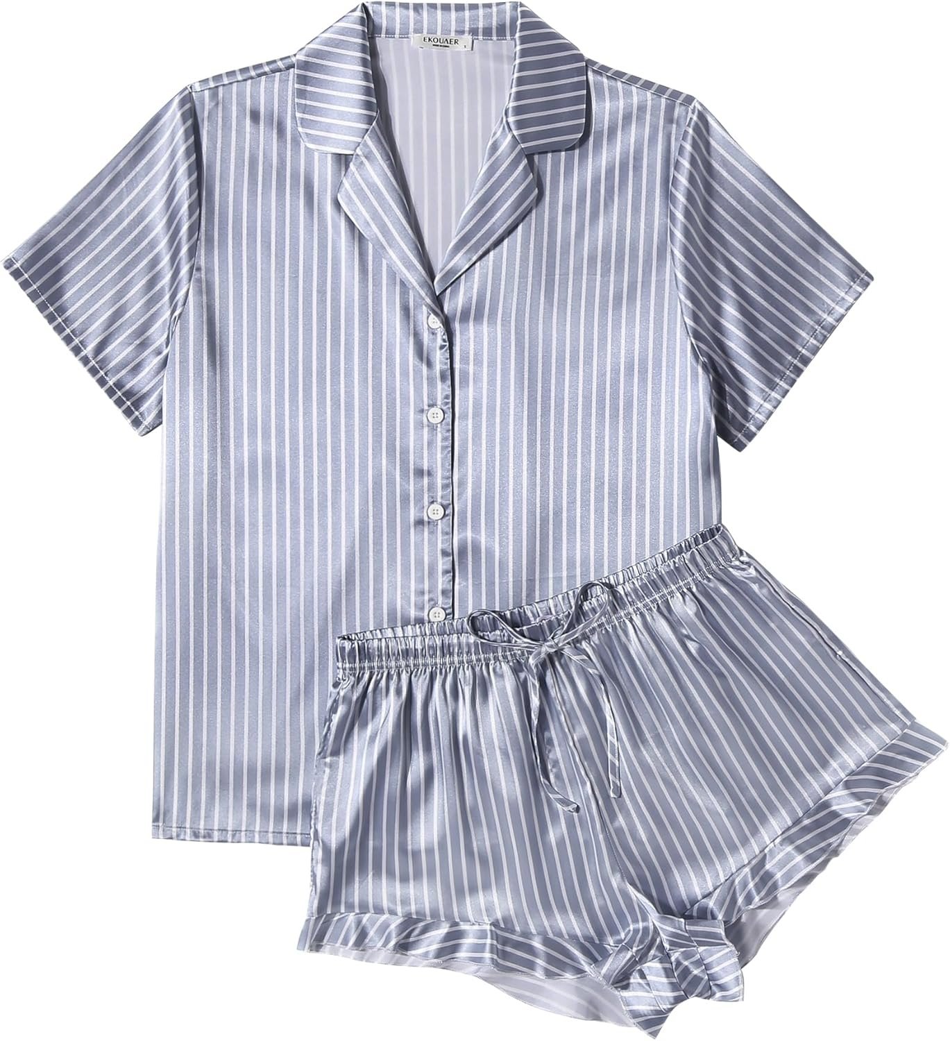 Ekouaer Womens Satin Pajamas Set Button Down 2 Piece Silk Pjs Shorts Set Ruffle Lingerie Notch Collar Sleepwear - Image 4