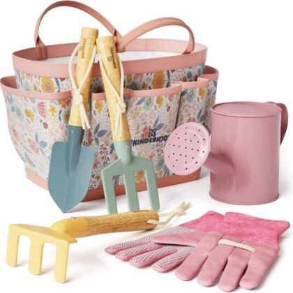 Kinderific Gardening Set, Tool Kit, for Kids, STEM, Includes Tote Bag, Spade, Watering Can, Rake, Fork, Trowel and Gloves (Petal)
