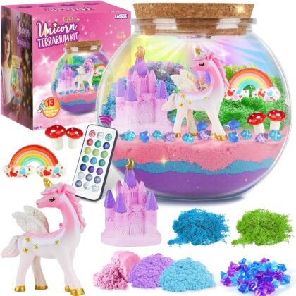 Unicorn Light-Up Terrarium Kit for Kids – LED Night Light DIY Arts and Crafts Kit, Unicorn Toys for Girls Ages 4 5 6 7 8-12 – Birthday Easter Gifts for Girls