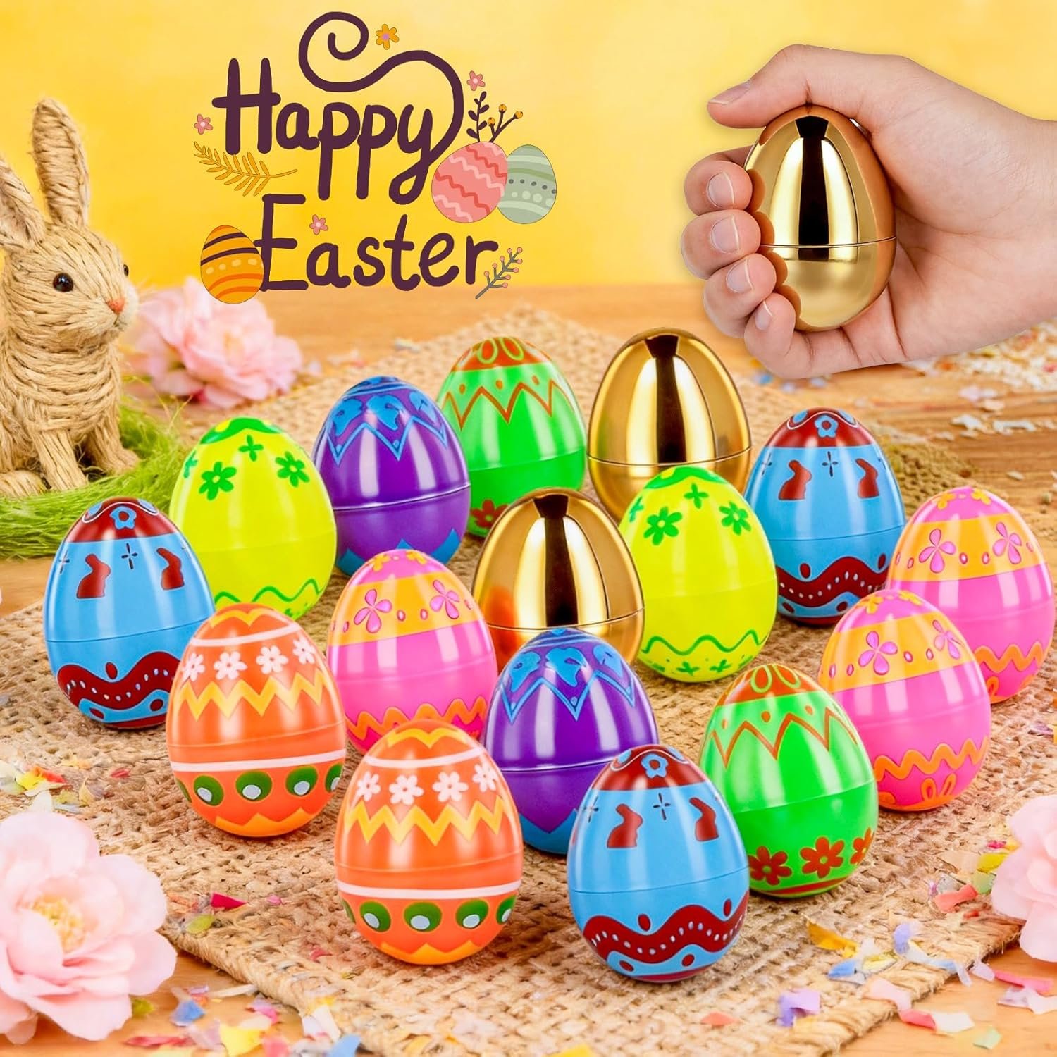 MGparty 50 Pcs Plastic Easter Eggs Empty 2.3 Inch Fillable Easter Eggs Bulk with 2 Golden Eggs, Printed Plastic Eggs for Easter Egg Hunt, Basket Stuffers, Party Favors, Classroom Prizes Decorations - Image 4