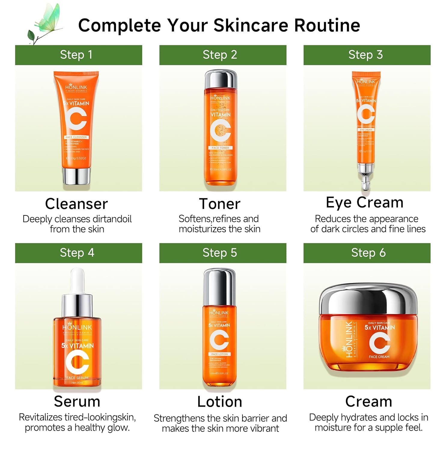 Glown 6-Piece Hydrating Skincare Set with Vitamin C & Niacinamide,Complete Face & Body Care Kit with Cleanser,Toner,Serum,Moisturizer,Eye Cream & Body Lotion | Valentine’s Day Skincare Gift for Women - Image 7