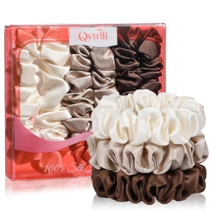 Silk Hair Ties 3 Pack 6A 100% Mulberry Silk Scrunchies 22 Momme Small Sleep Ties and No Damage No Crease for Women Girls Curly Thick Thin Hair, Sample Fabric Provided (Brown & Ligh brown & Beige)