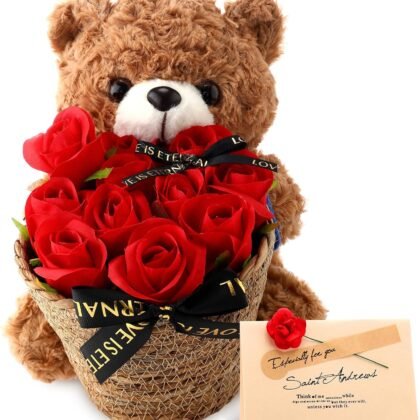 HyDren Mother's Day Stuffed Bear Gift with Flower Bouquets Greeting Card Cute Plush Bear Animal String Light Gifts Box Romantic for Girlfriend Mom Women Anniversary, 12 Inch(Red)