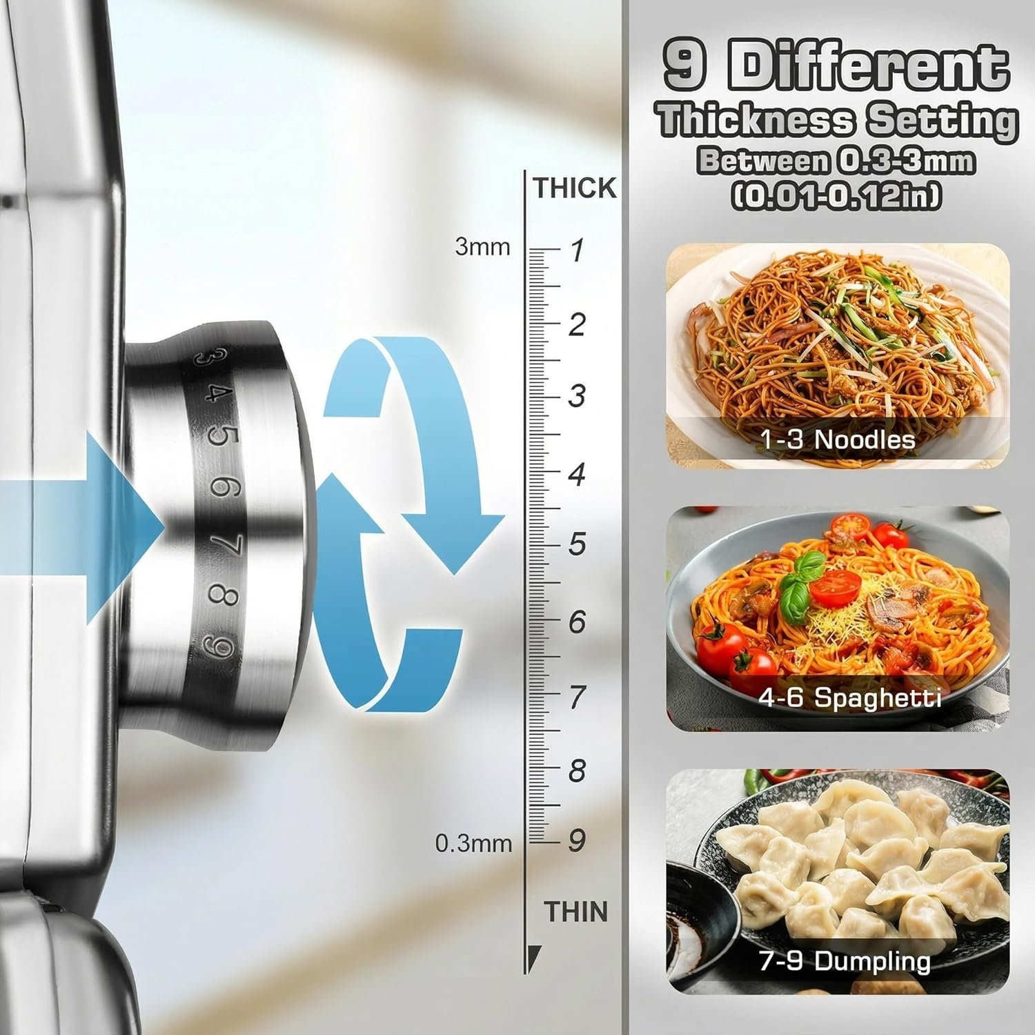 Sailnovo 3 in 1 Pasta Maker Machine - 9 Adjustable Thickness Settings Aluminum Alloy Pasta Roller & 2 Width Cutters for Fresh Spaghetti, Fettuccini, Lasagna, Dumplings - Stainless Steel, Silver - Image 2