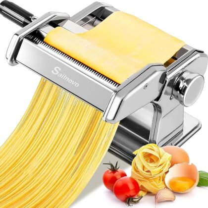 Sailnovo 3 in 1 Pasta Maker Machine - 9 Adjustable Thickness Settings Aluminum Alloy Pasta Roller & 2 Width Cutters for Fresh Spaghetti, Fettuccini, Lasagna, Dumplings - Stainless Steel, Silver