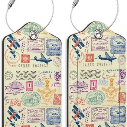 Travel Stamp Luggage Tags for Suitcase,2 Pack Retro Passport Carte Postale Luggage Tag Leather Privacy Cover ID Label with Stainless Steel Loop for Women Men Kids Girls