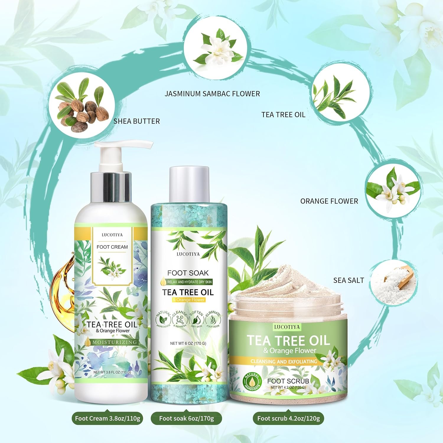 LUCOTIYA Tea Tree & Orange Flower Foot Soak Set - Salts, Foot File, Scrub & Urea Cream Pedicure Supplies for Dry, Cracked Feet - Foot Spa Pedicure Kit for Women Men - Image 7