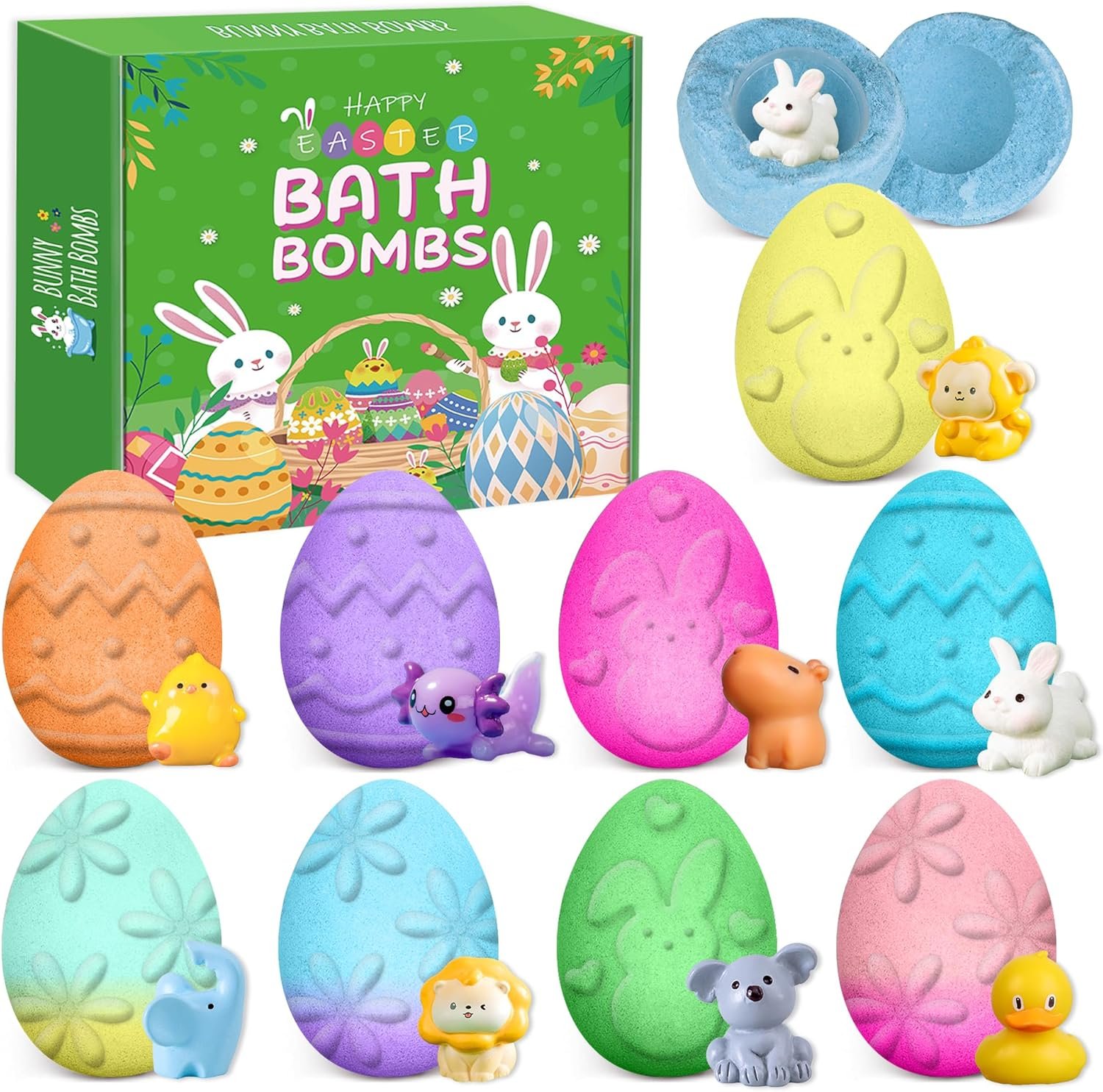 Easter Egg Bath Bombs for Kids with Surprise Toys Inside, Easter Basket Stuffers for Boys and Girls,9 Pack Bunny Bubble Bath Bombs for Easter Egg Hunt Toddler Teen Easter Gifts Party Favor