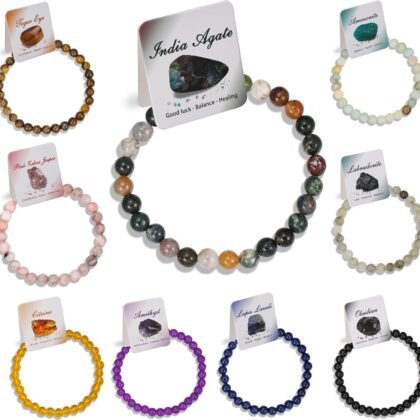 BOMAIL 9pcs Healing Stone Bead Bracelet for Women 6mm Natural Stone Beaded Bracelets Set Gemstones Spiritual Crystal Beads Stretch Bracelets with Meaning Card