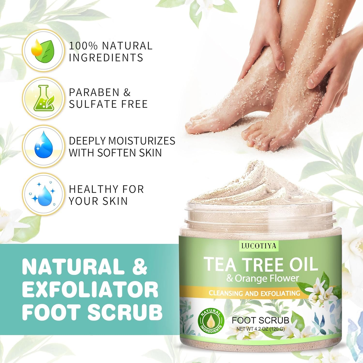 LUCOTIYA Tea Tree & Orange Flower Foot Soak Set - Salts, Foot File, Scrub & Urea Cream Pedicure Supplies for Dry, Cracked Feet - Foot Spa Pedicure Kit for Women Men - Image 3