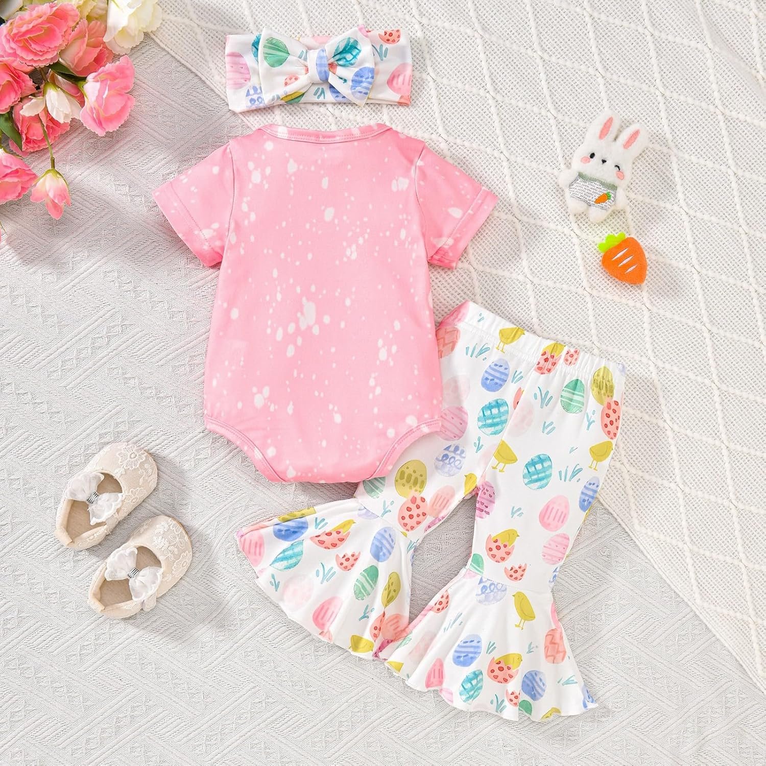 Newborn Baby Girl Easter Outfit Long Sleeve Romper Bodysuit Bunny Eggs Flared Pants Set Cute My 1st Easter Outfit - Image 6