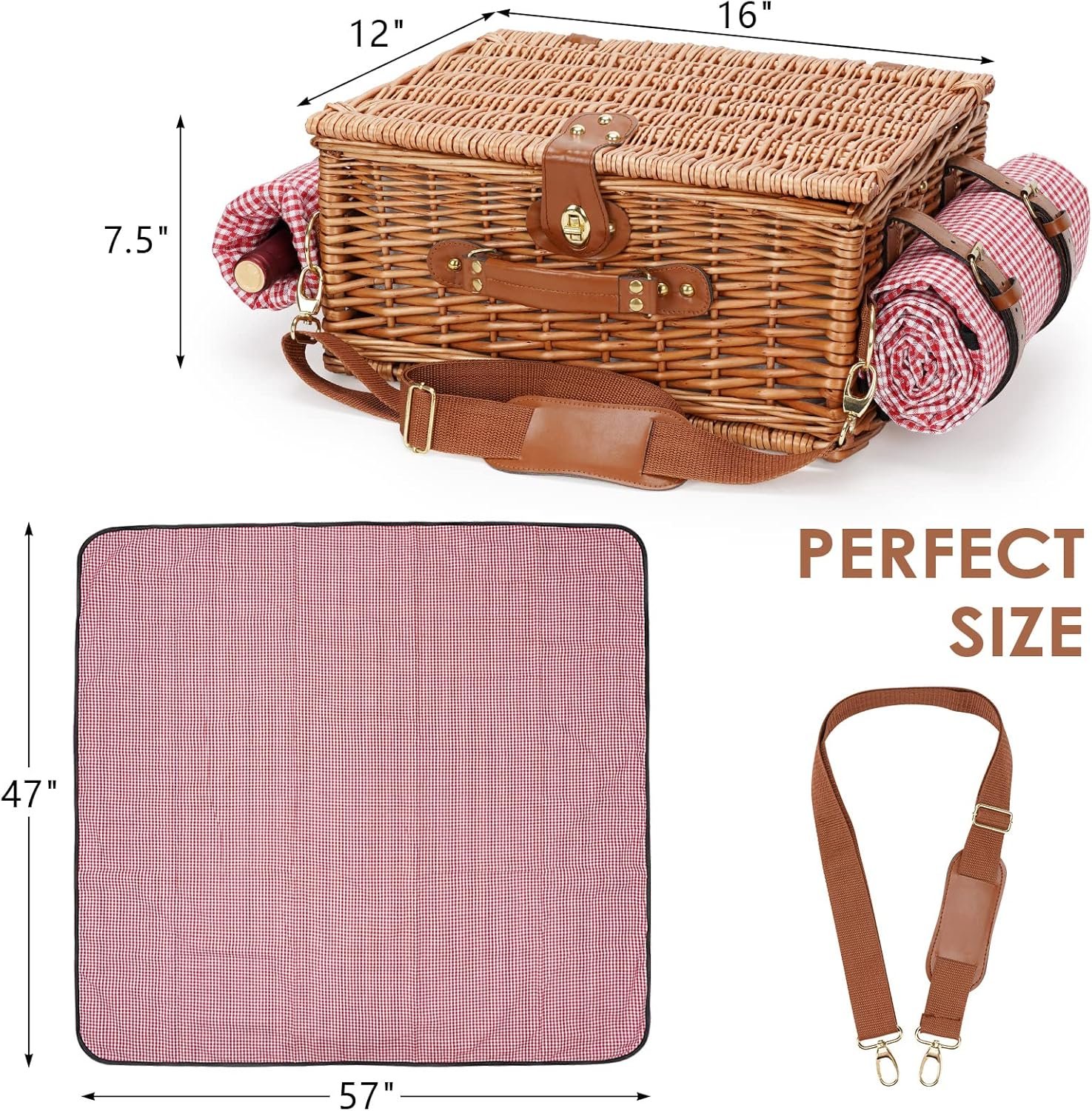 Picnic Basket for 4, Insulated Willow Picnic Baskets with Shoulder Strap, Picnic Hamper with Waterproof Picnic Blanket, Handmade Wicker Hamper for Outdoor, Great Gifts for Thanksgiving, Christmas - Image 7