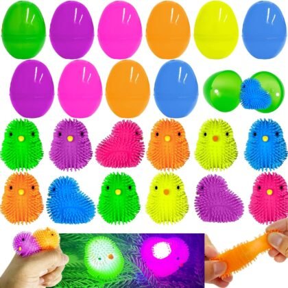12 Pack Easter Eggs Filled with Light Up Puffer Chicks, LED Squeeze Sensory Fidget Toys, Pre-Filled Flashing LED Stress Relief Balls for Kids Easter Basket Stuffers Party Favors