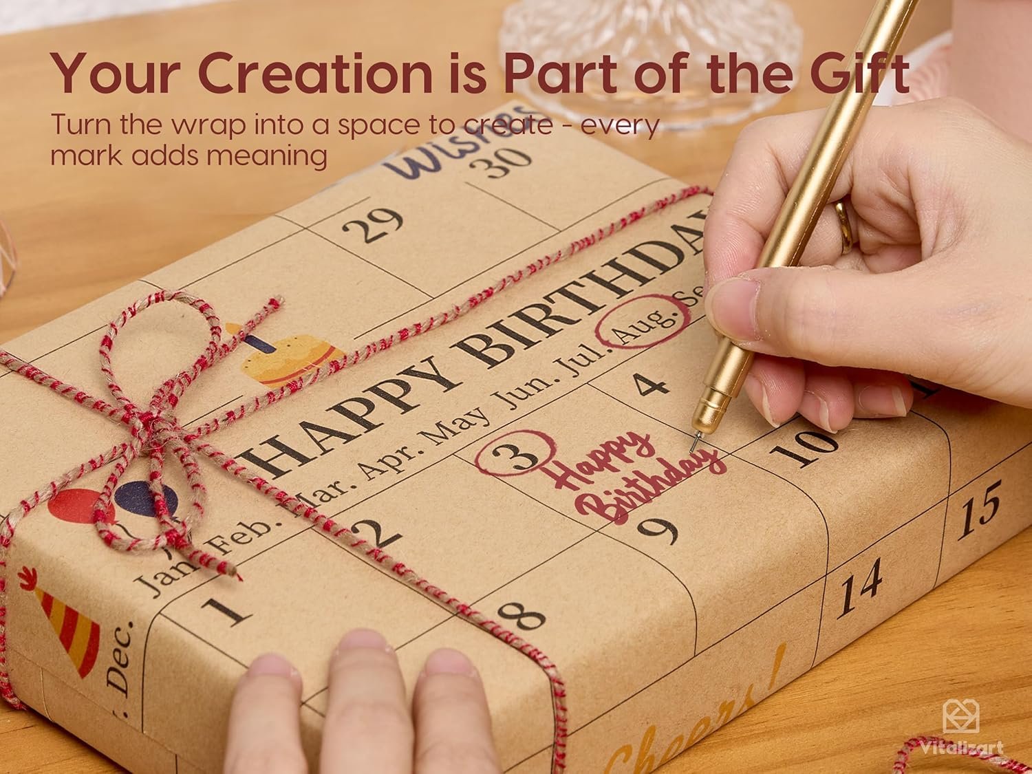 Vitalizart Write-On Calendar Birthday Wrapping Paper Set 17" With 5-Yard Twine Recyclable Customizable Gift Wrap For Birthday Party Baby Shower Handmade Crafts - Image 4