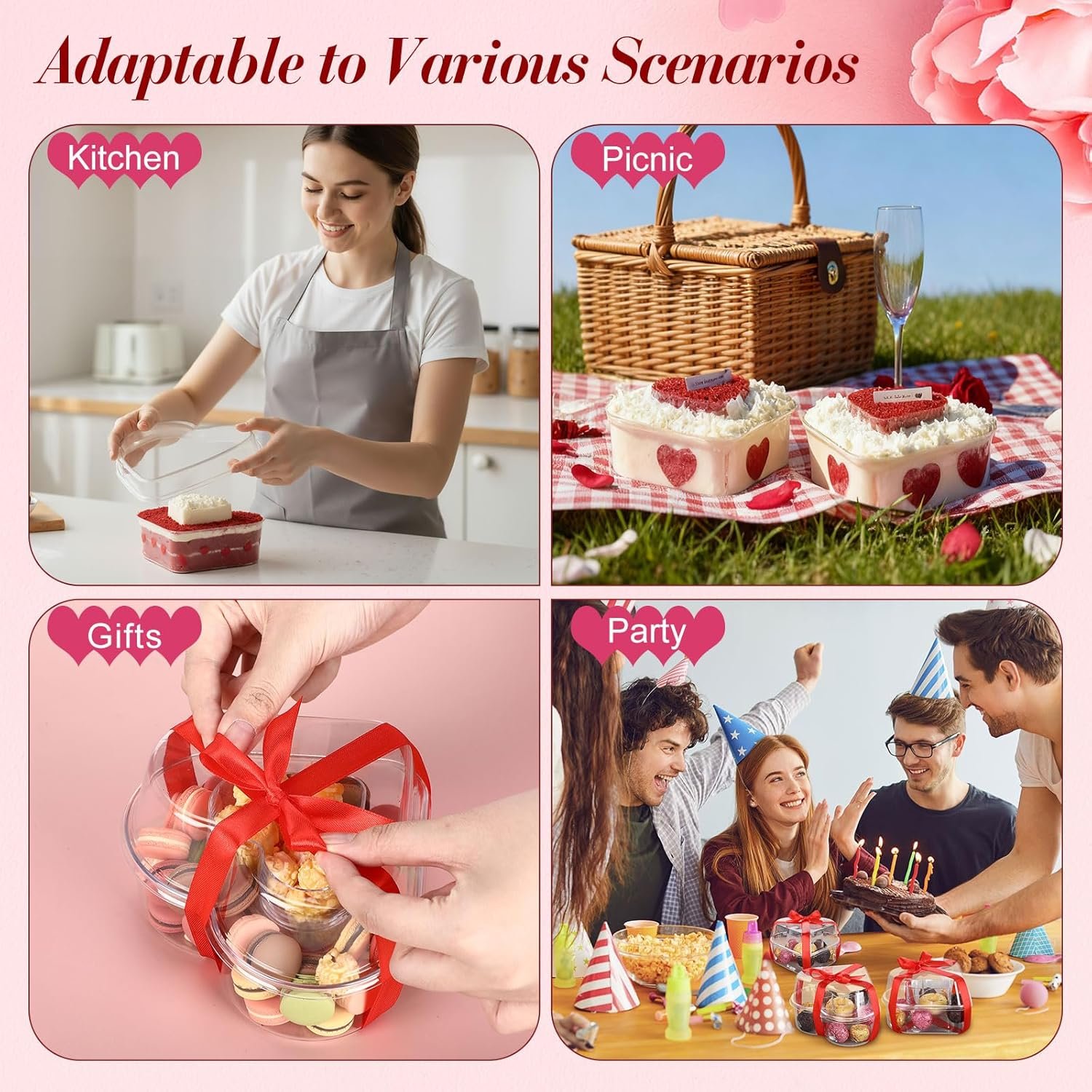 4 Pcs Valentine's Day Heart Shaped Plastic Container 5.4" W x 3.5" H Clear Double-heart Box with Lid Valentine's Plastic Storage Box with Ribbon for Packaging Candies, Dessert, Snack - Image 6