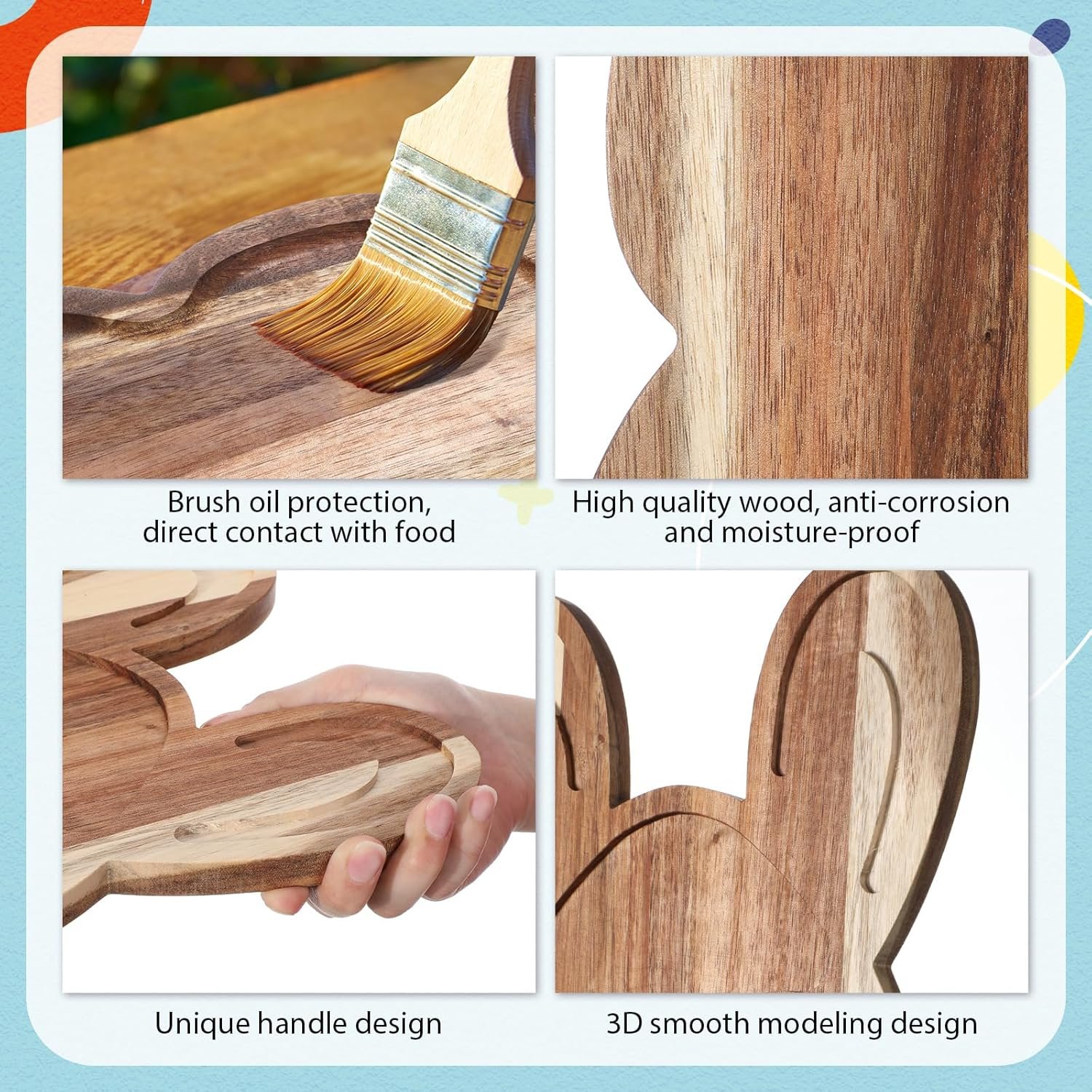 Pickmesh 2 Pack Easter Plates Bunny Wooden Serving Platter Rabbit Egg Acacia Wood Cutting Board with Groove Easter Serving Tray Dinner Dessert Fruit Bread Plates for Kitchen Restaurant Home Parties - Image 5