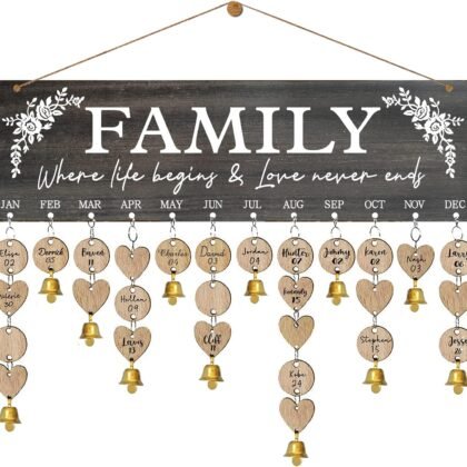 Buecasa Wooden Family Birthday Reminder Calendar Board Wall Hanging - Decorative Birthday Tracker Plaque with 100 Tags - Family Where Life Begins and Love Never Ends