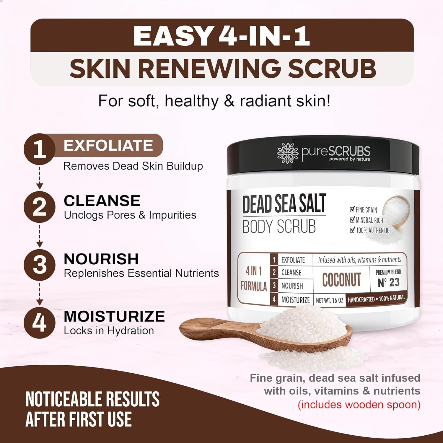 pureSCRUBS Premium Coconut Body Scrub Set - Large 16oz Dead Sea Salt Body Scrub With Infused Essential Oils & Nutrients, Includes Wooden Spoon, Loofah & Oatmeal Exfoliating Bar Soap - Image 3