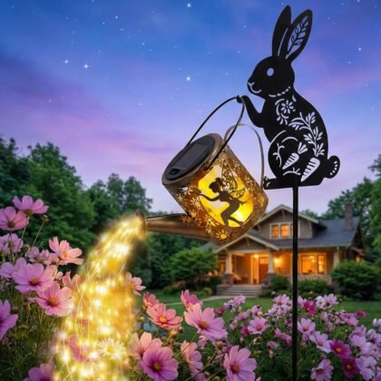Solar Watering Can Light with Bunny Silhouette Stake & Fairy Design - Cascading LED String Light for Garden Yard Patio Decor, IP65 Waterproof Outdoor Gift for Mom, Women, Birthday, Housewarming