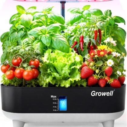 Hydroponics Growing System Kit, 16 Pods, Vertical 8L Indoor Gardening System for Herb Vegetable Fruit, Hydro Garden with LED Grow Light, Smart Water Circulation, 3 Light Modes & 2 Timer, Black